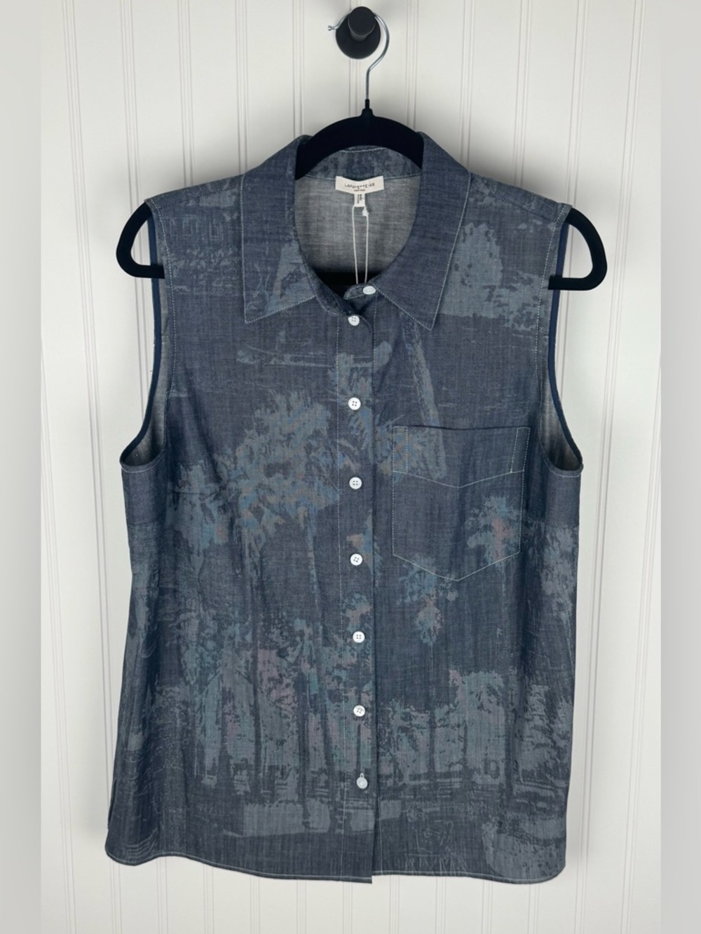 Lafayette 148 Sleeveless Button Front Blouse Indigo Print Cotton Size L NWT